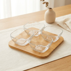 Glass Bowl Set with Wooden Base 4 Pcs